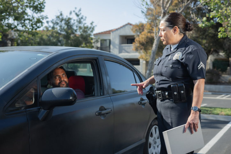 Law enforcement officer interacting with a driver